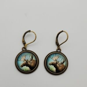Moose Drop Earrings Antique Bronze with Blue and Green Accents